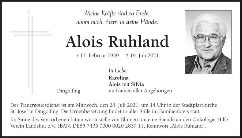 Traueranzeige Alois Ruhland
