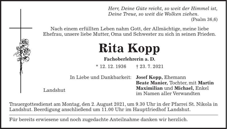 Traueranzeige Rita Kopp
