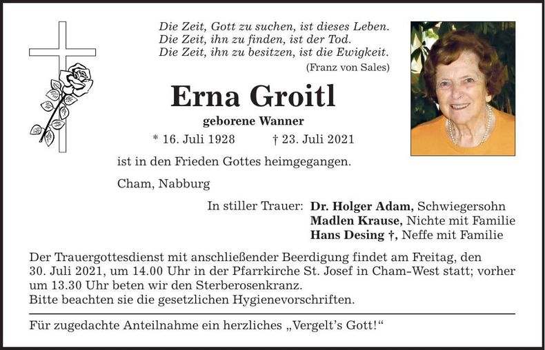 Traueranzeige Erna Groitl