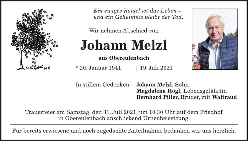 Traueranzeige Johann Melzl