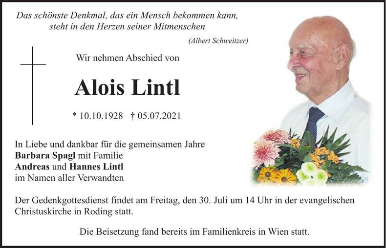 Traueranzeige Alois Lintl