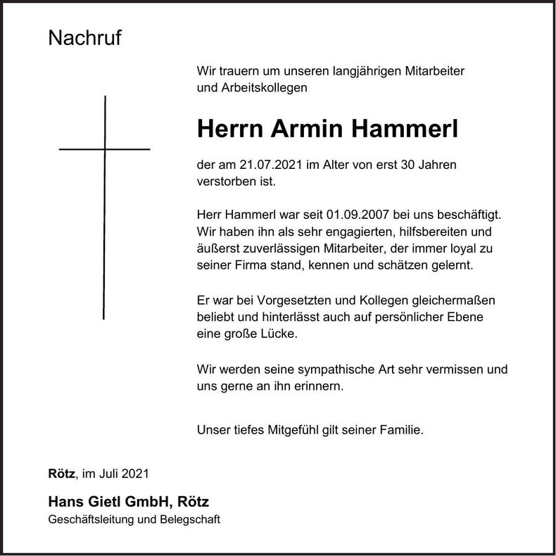 Traueranzeige Armin Hammerl