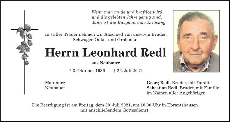 Traueranzeige Leonhard Redl