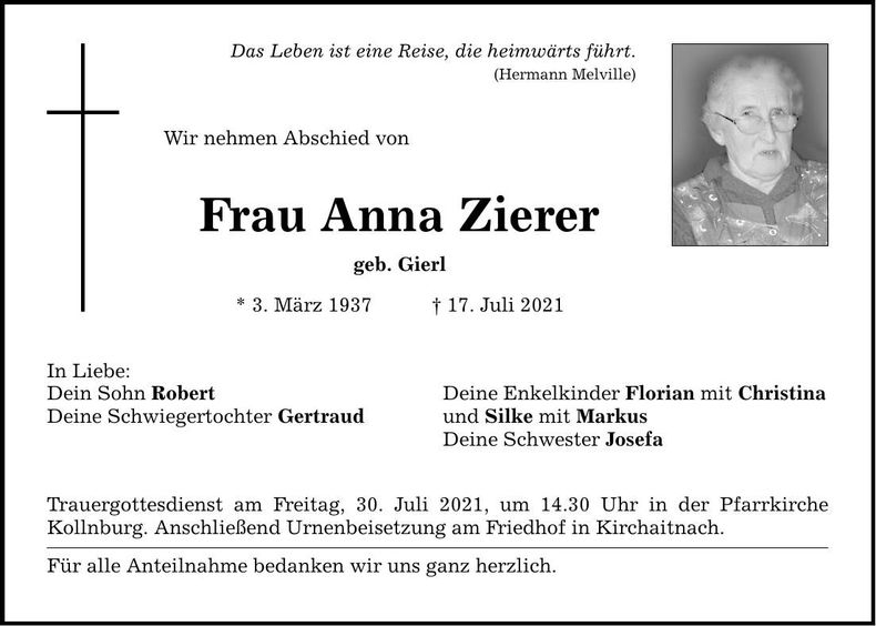 Traueranzeige Zierer Anna