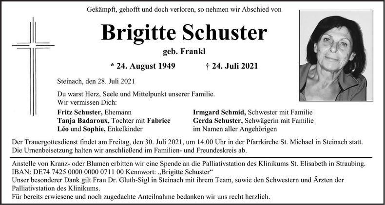 Traueranzeige Brigitte Schuster