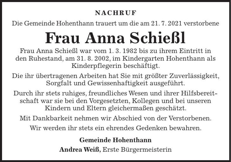 Traueranzeige Anna Schießl
