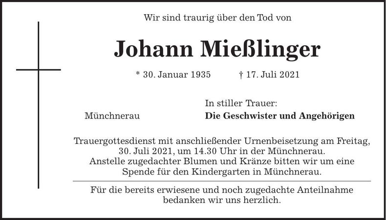 Traueranzeige Johann Mießlinger