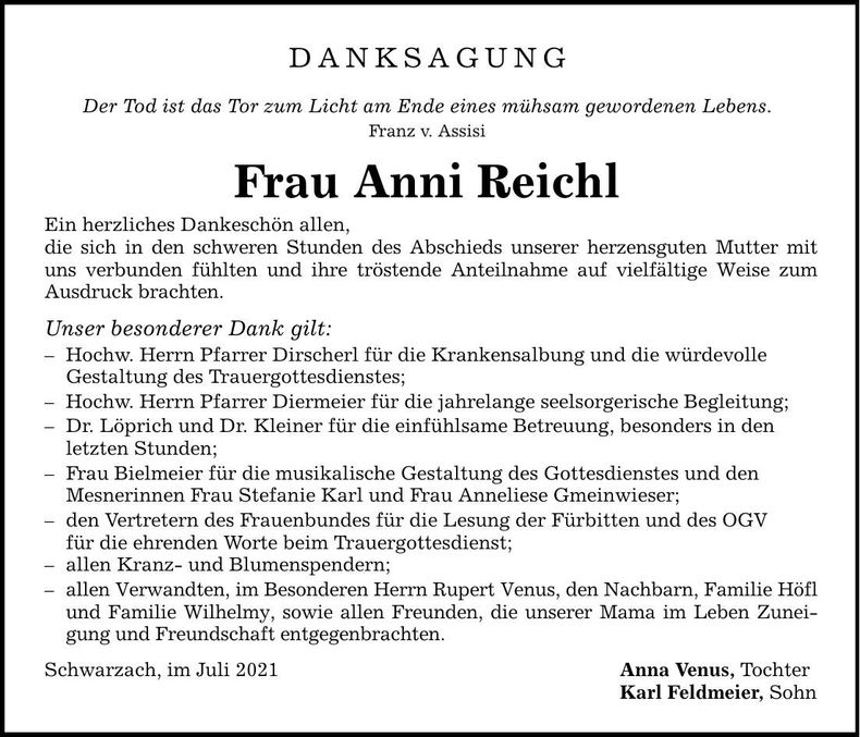 Traueranzeige Anni Reichl