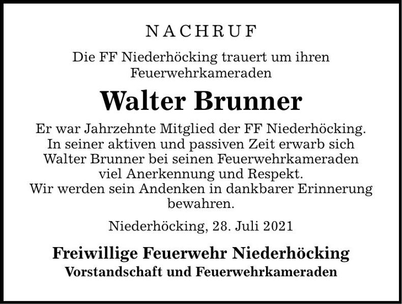 Traueranzeige Walter Brunner