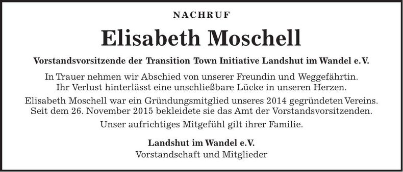 Traueranzeige Elisabeth Moschell