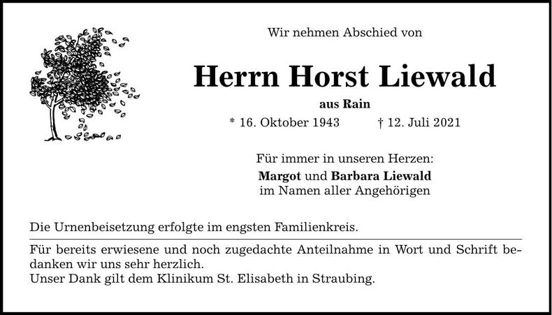 Traueranzeige Horst Liewald