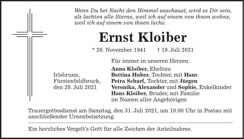 Traueranzeige Ernst Kloiber
