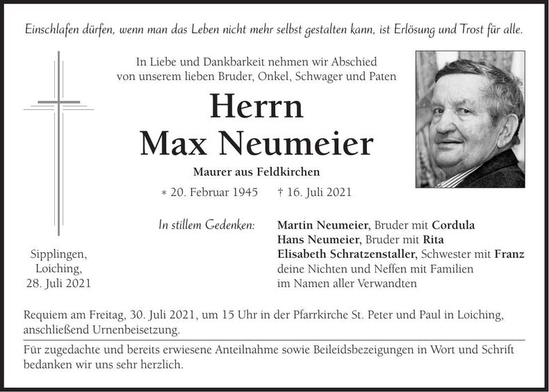 Traueranzeige Max Neumeier