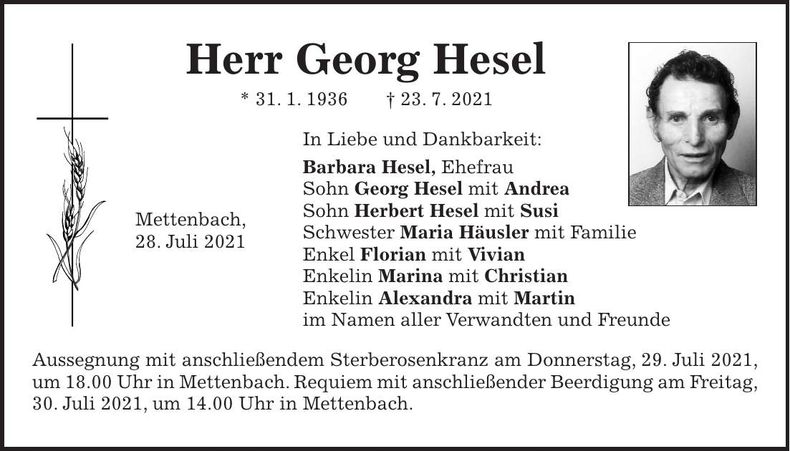 Traueranzeige Georg Hesel