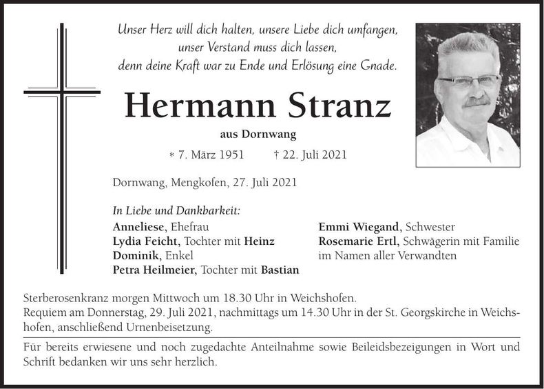 Traueranzeige Hermann Stranz
