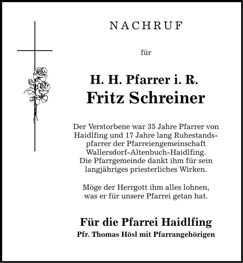 Traueranzeige Fritz Schreiner