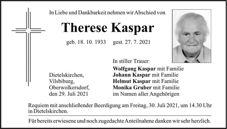 Traueranzeige Therese Kaspar