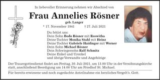 Traueranzeige Annelies Rösner