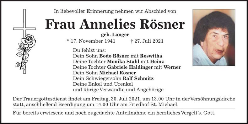 Traueranzeige Annelies Rösner