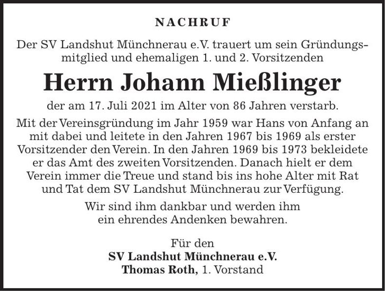 Traueranzeige Johann Mißlinger