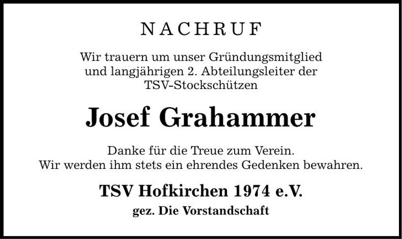 Traueranzeige Josef Grahammer