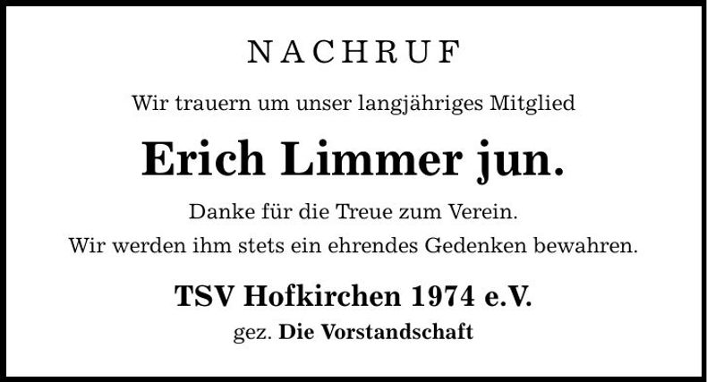 Traueranzeige Erich jun. Limmer