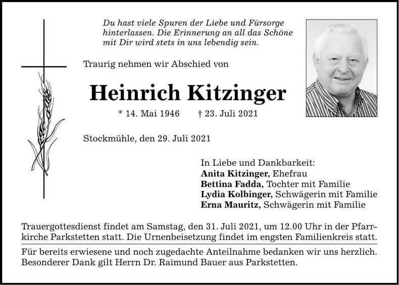 Traueranzeige Heinrich Kitzinger