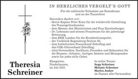 Traueranzeige Theresia Schreiner
