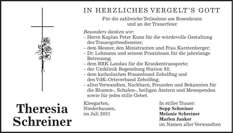 Traueranzeige Theresia Schreiner