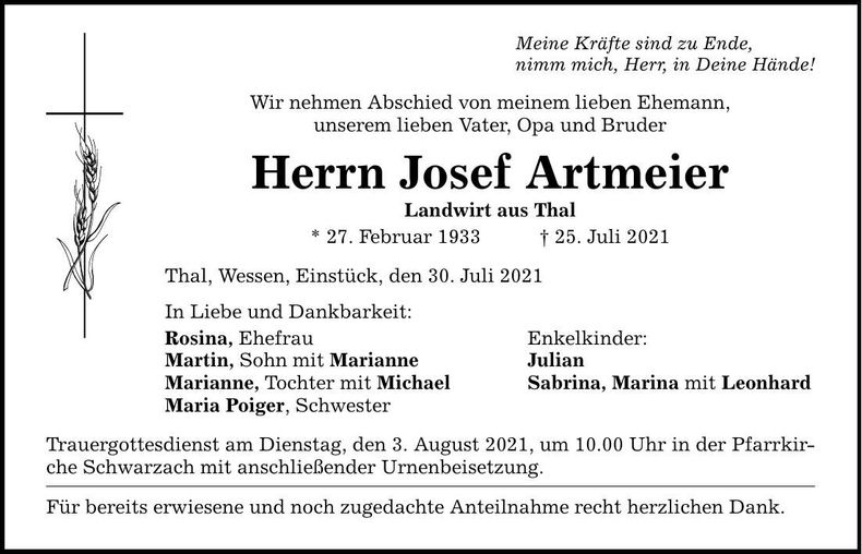 Traueranzeige Josef Artmeier