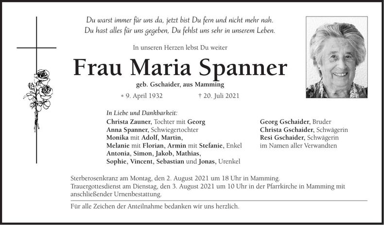 Traueranzeige Maria Spanner