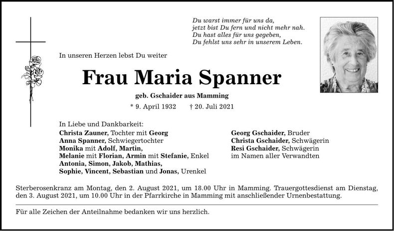 Traueranzeige Maria Spanner