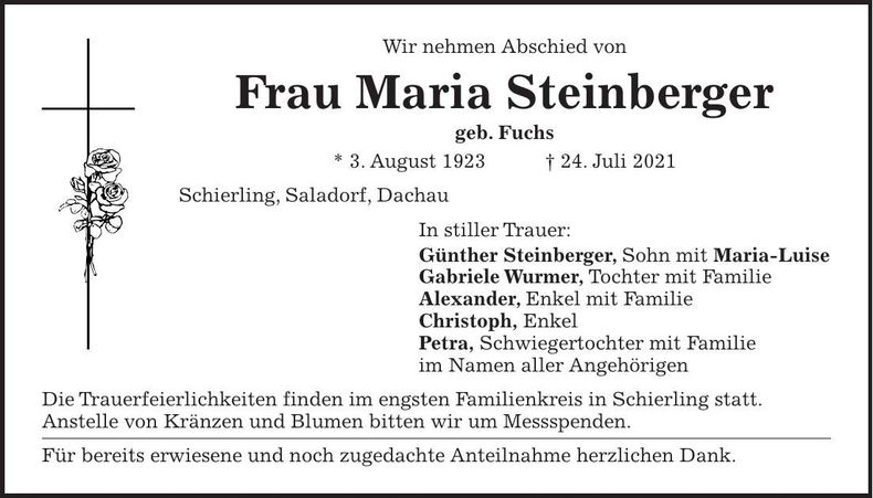 Traueranzeige Maria Steinberger