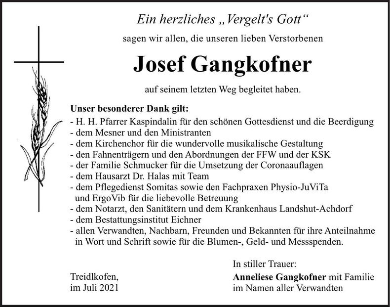 Traueranzeige Josef Gangkofner