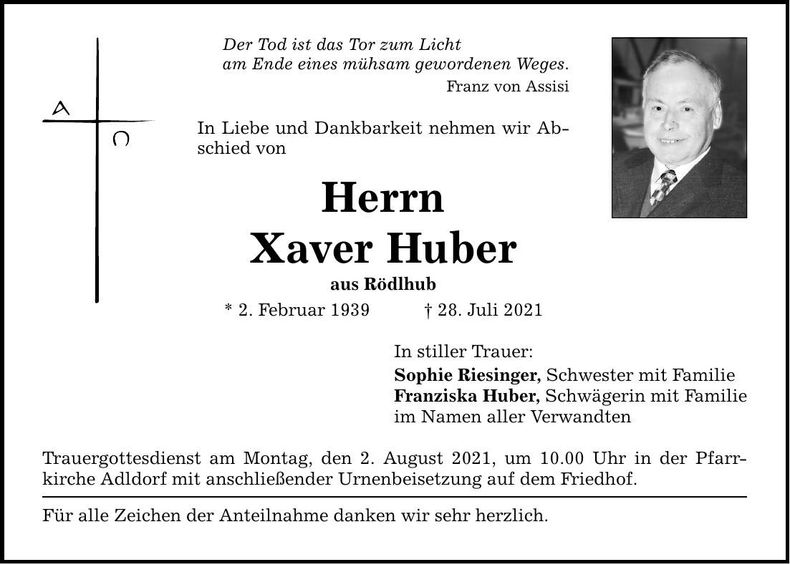 Traueranzeige Xaver Huber
