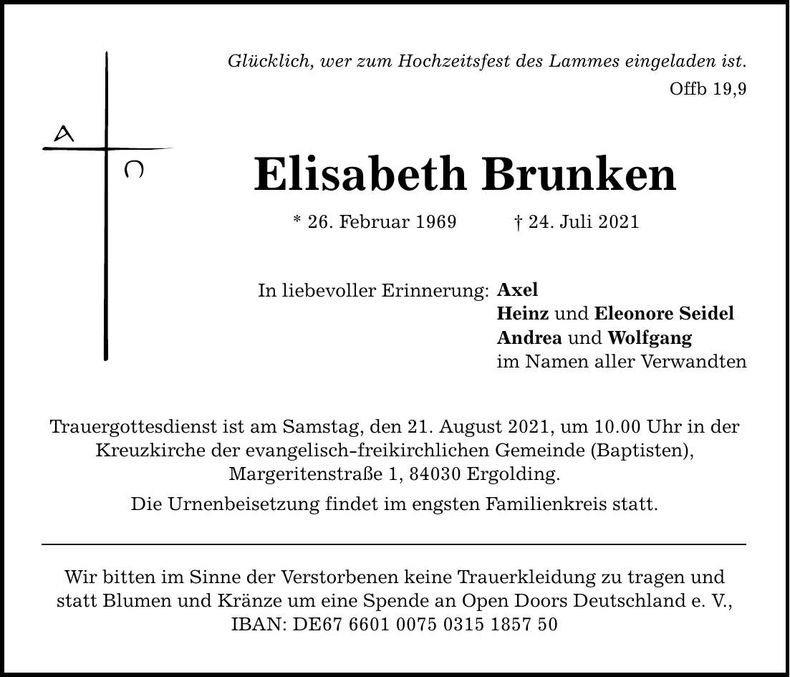 Traueranzeige Elisabeth Brunken