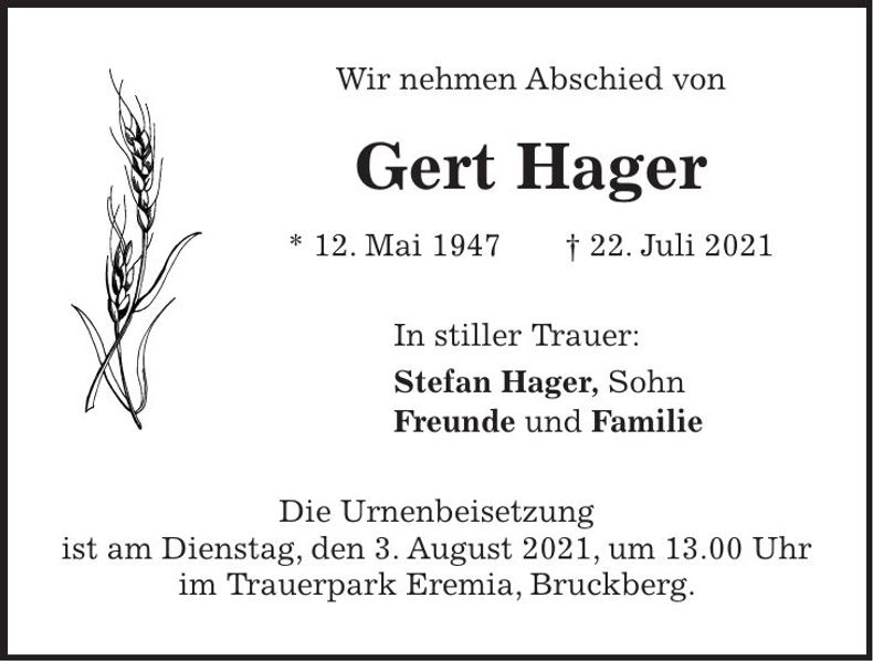Traueranzeige Gert Hager