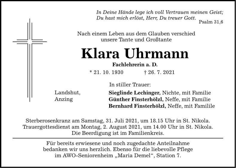 Traueranzeige Klara Uhrmann