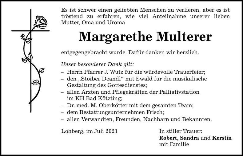 Traueranzeige Margarete Multerer