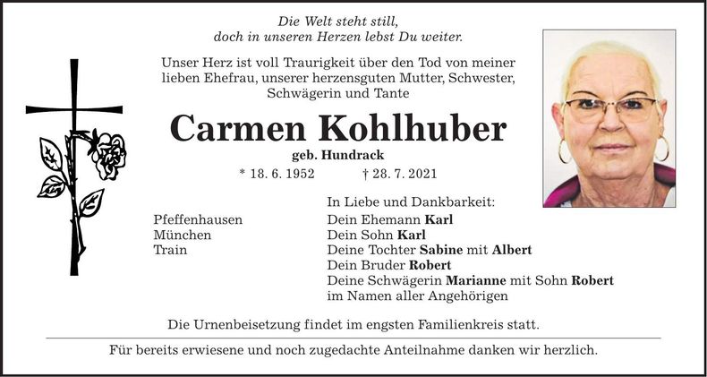 Traueranzeige Carmen Kohlhuber