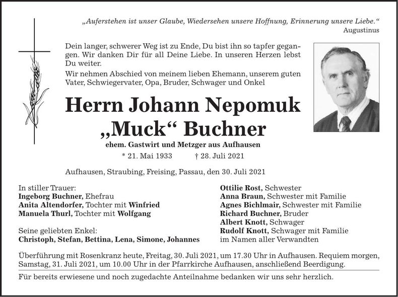 Traueranzeige Johann Buchner
