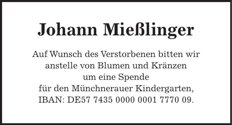 Traueranzeige Johann Mießlinger