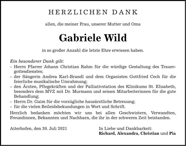 Traueranzeige Gabriele Wild