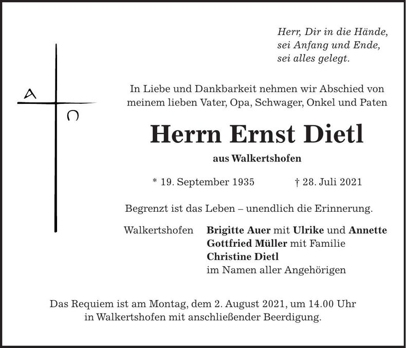Traueranzeige Ernst Dietl