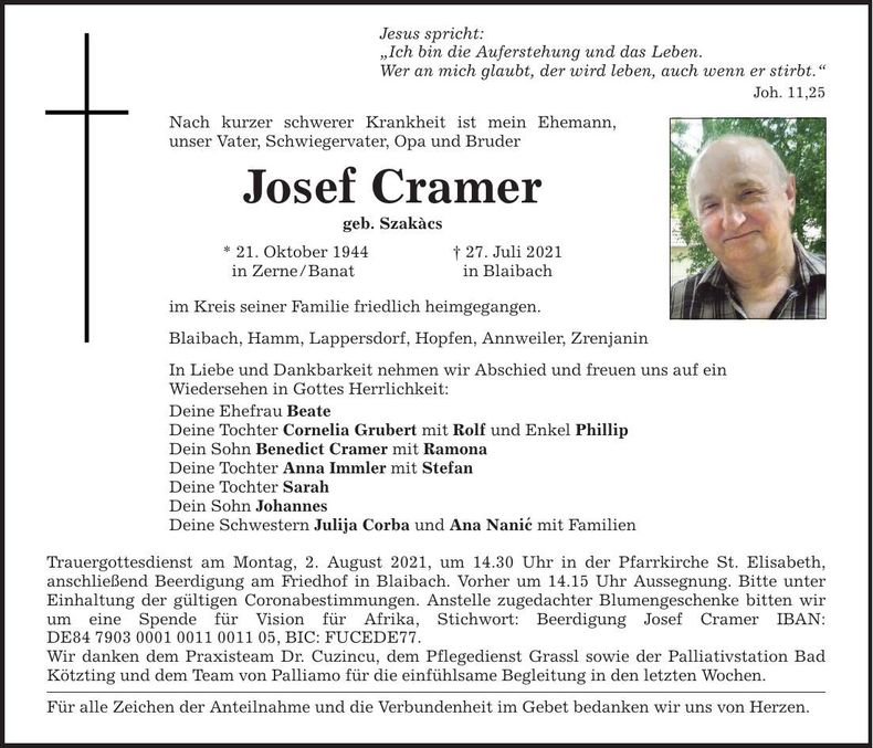 Traueranzeige Josef Cramer