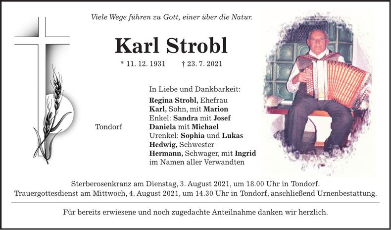 Traueranzeige Karl Strobl