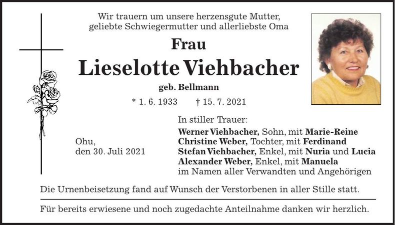 Traueranzeige Lieselotte Viehbacher
