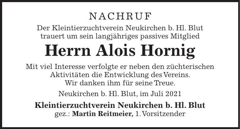 Traueranzeige Alois Hornig