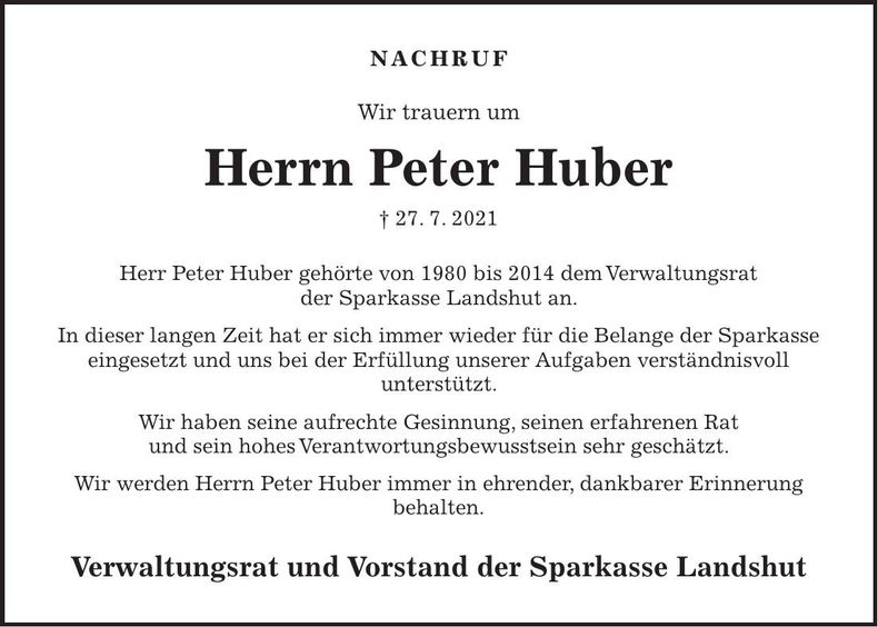 Traueranzeige Peter Huber