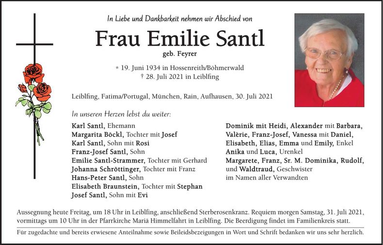 Traueranzeige Emilie Santl